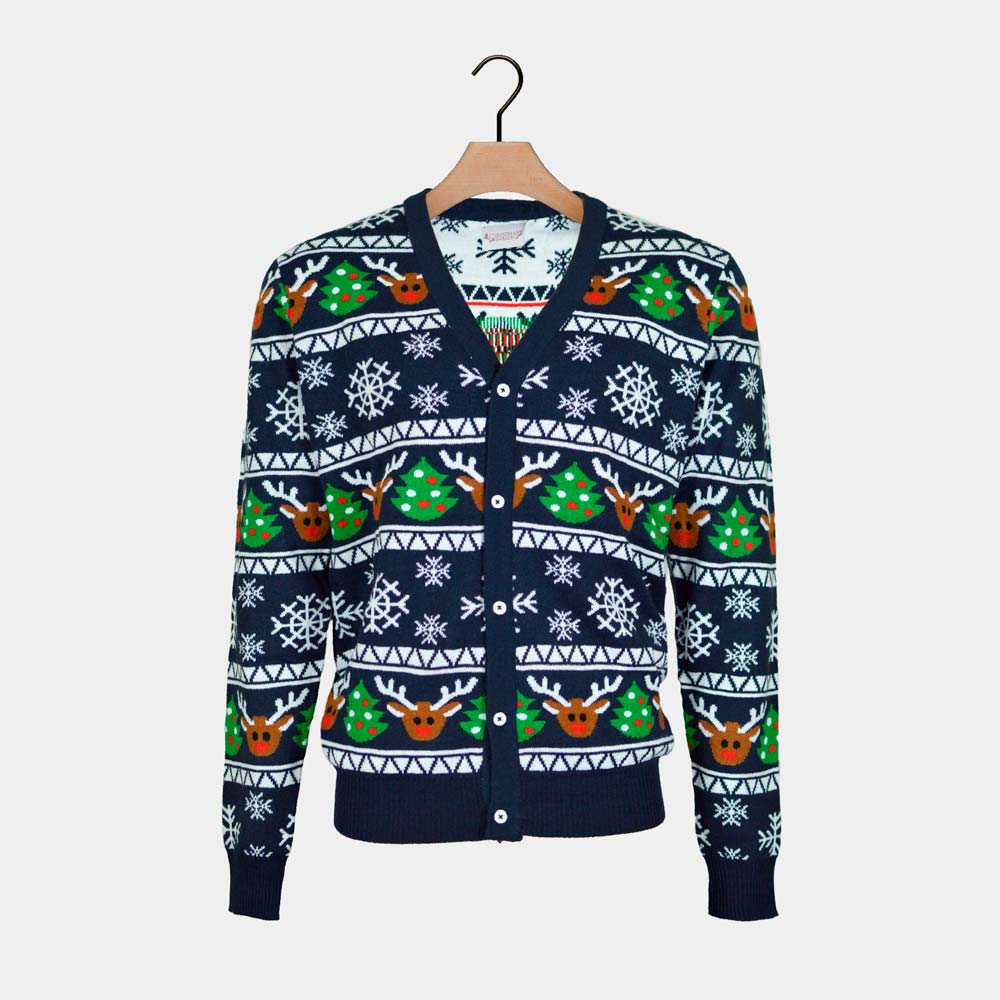 Blue Cardigan Couple's Ugly Christmas Sweater Reindeers Trees