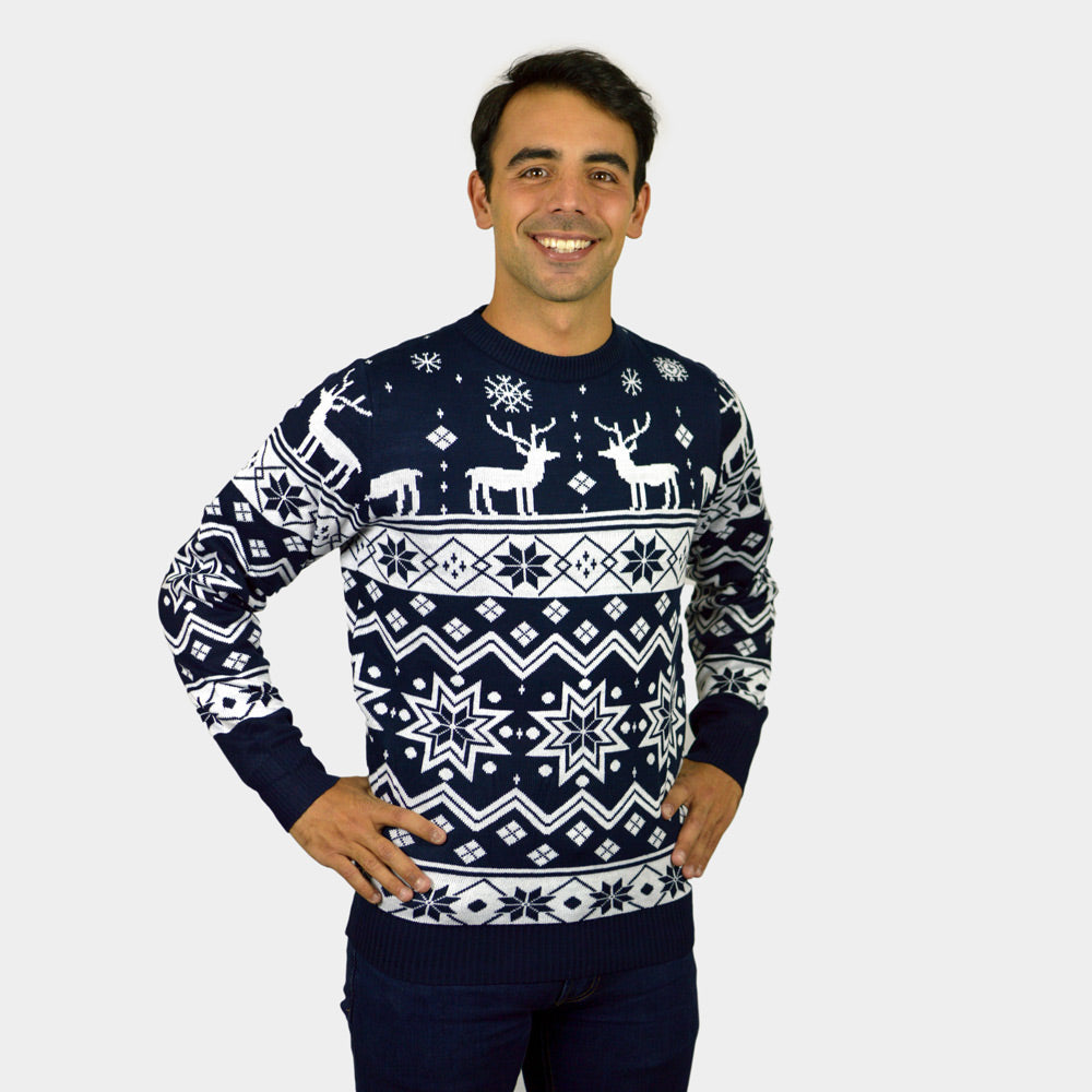 Blue Children Mens Ugly Christmas Sweater Reindeers and Nordic Stars