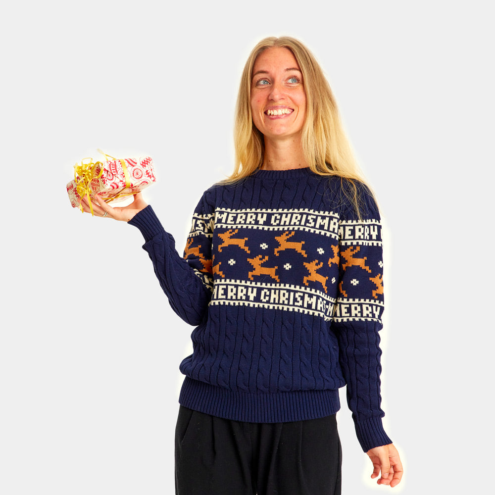 Classy Blue Organic Cotton Womens Ugly Christmas Sweater Reindeers