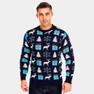 mens Blue Couple's Ugly Christmas Sweater with Reindeers, Gifts and Trees