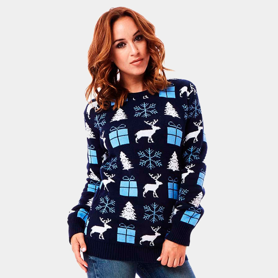 Blue Couple's Ugly Christmas Sweater with Reindeers, Gifts and Trees  Womens