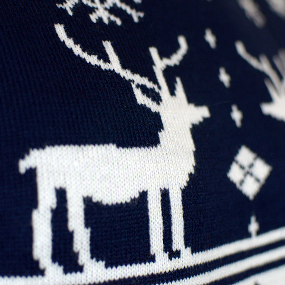 detail Blue Couple's Ugly Christmas Sweater with Reindeers and Nordic Stars