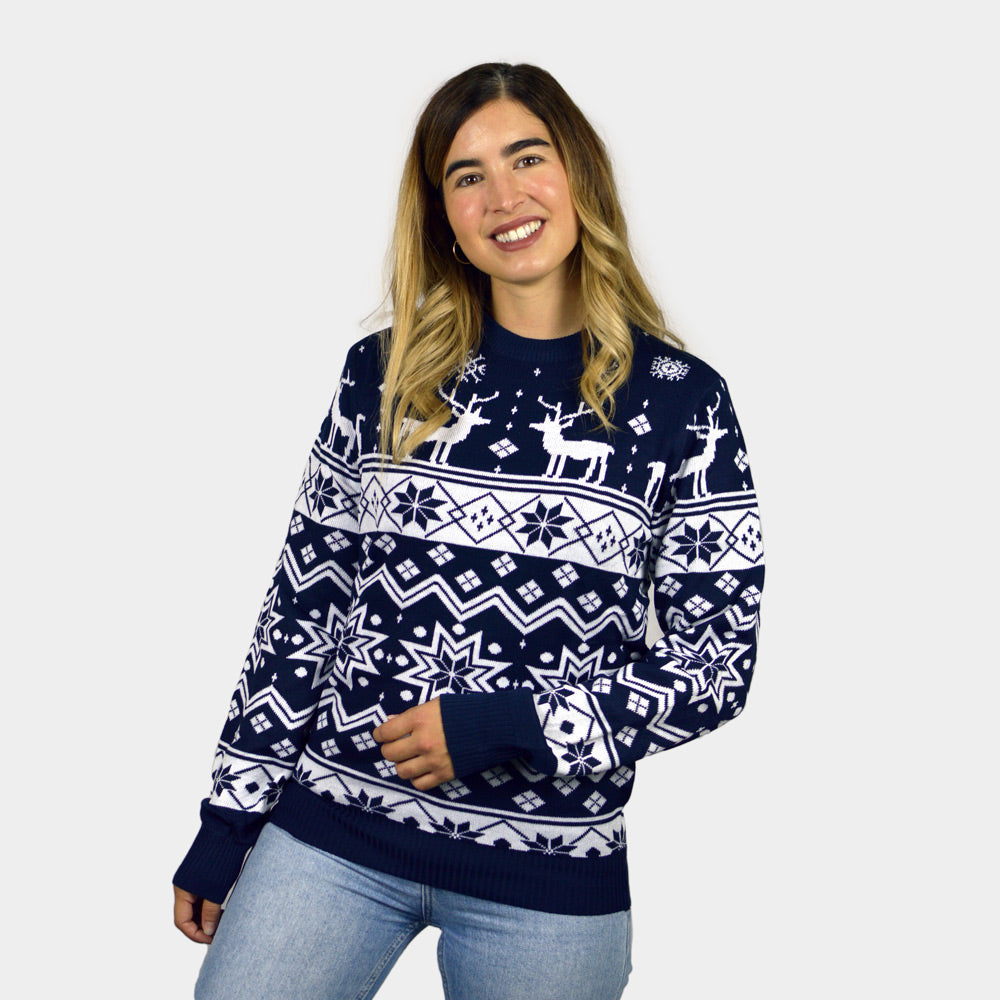 Womens Blue Couple's Ugly Christmas Sweater with Reindeers and Nordic Stars