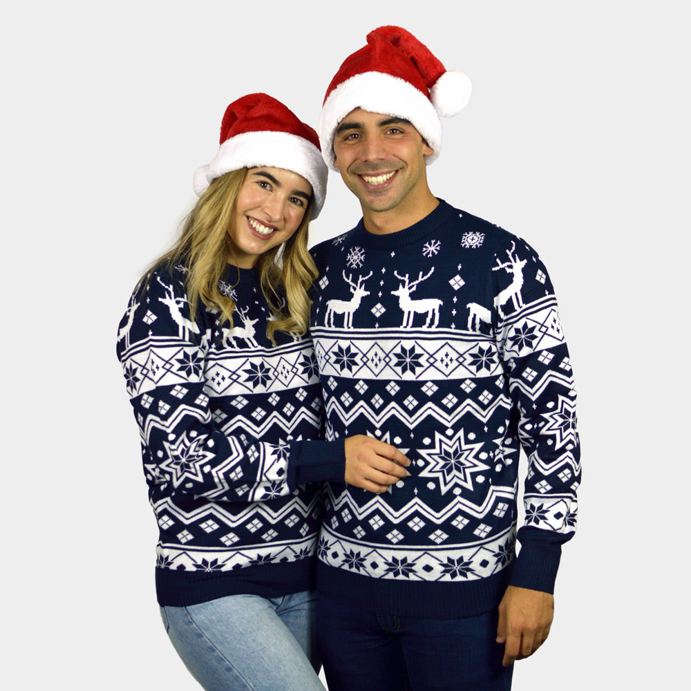 Blue Couple's Ugly Christmas Sweater with Reindeers and Nordic Stars