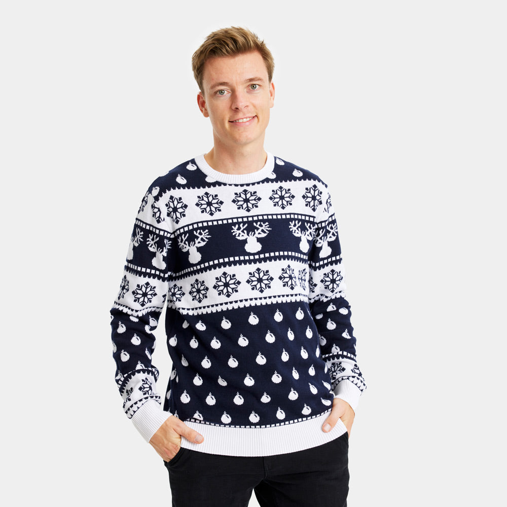 Mens Blue Couple's Ugly Christmas Sweater with Reindeers and Snow