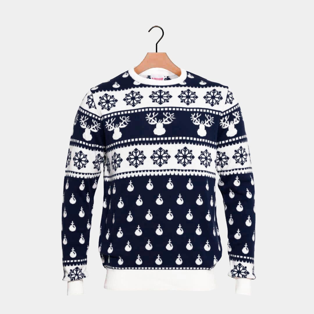 Blue Couple's Ugly Christmas Sweater with Reindeers and Snow