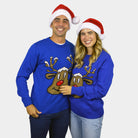 Blue Couple's Ugly Christmas Sweater with Smiling Reindeer