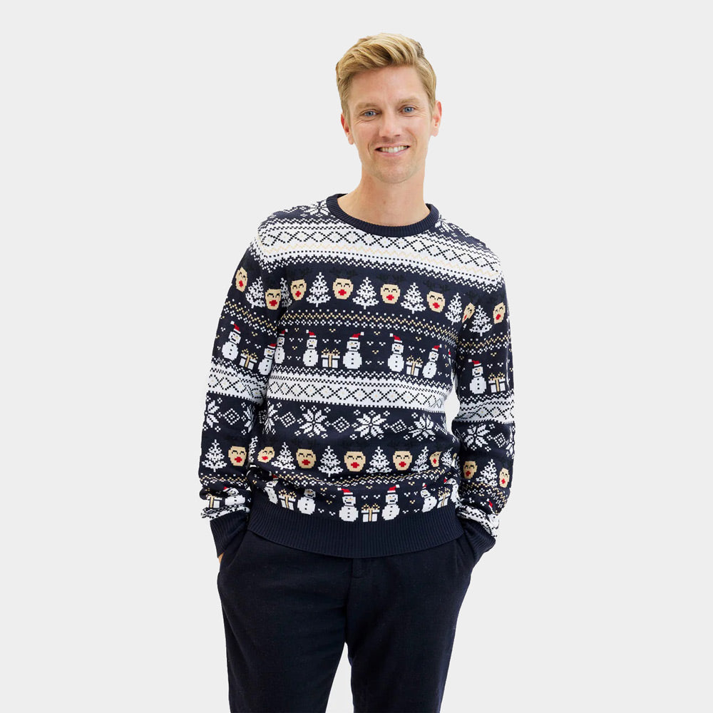 Blue Couple's Ugly Christmas Sweater with Snowmen and Trees Mens