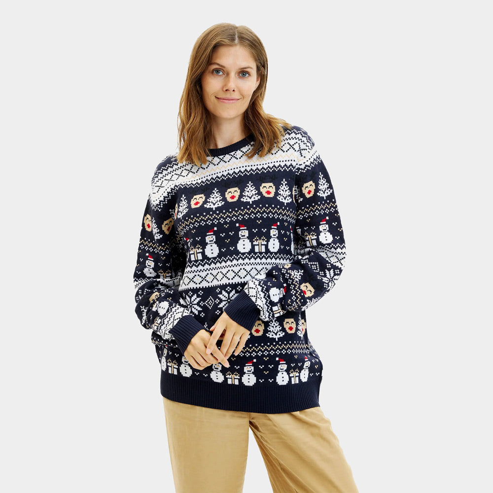 Blue Couple's Ugly Christmas Sweater with Snowmen and Trees Womens