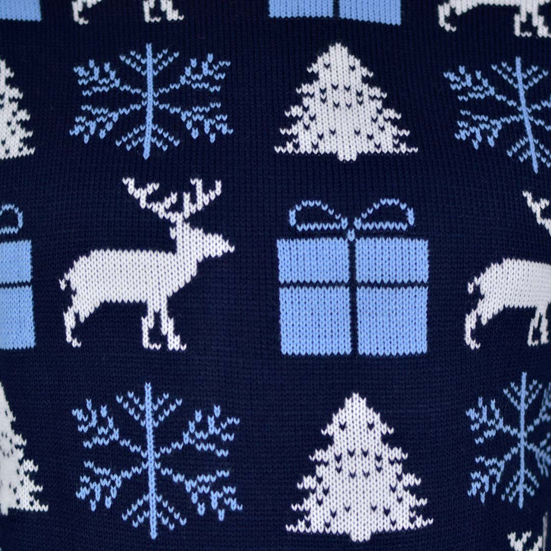 detail Blue Couple's Ugly Christmas Sweater with Reindeers, Gifts and Trees