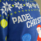 Blue Couple's Ugly Christmas Sweater with Santa playing Padel detail