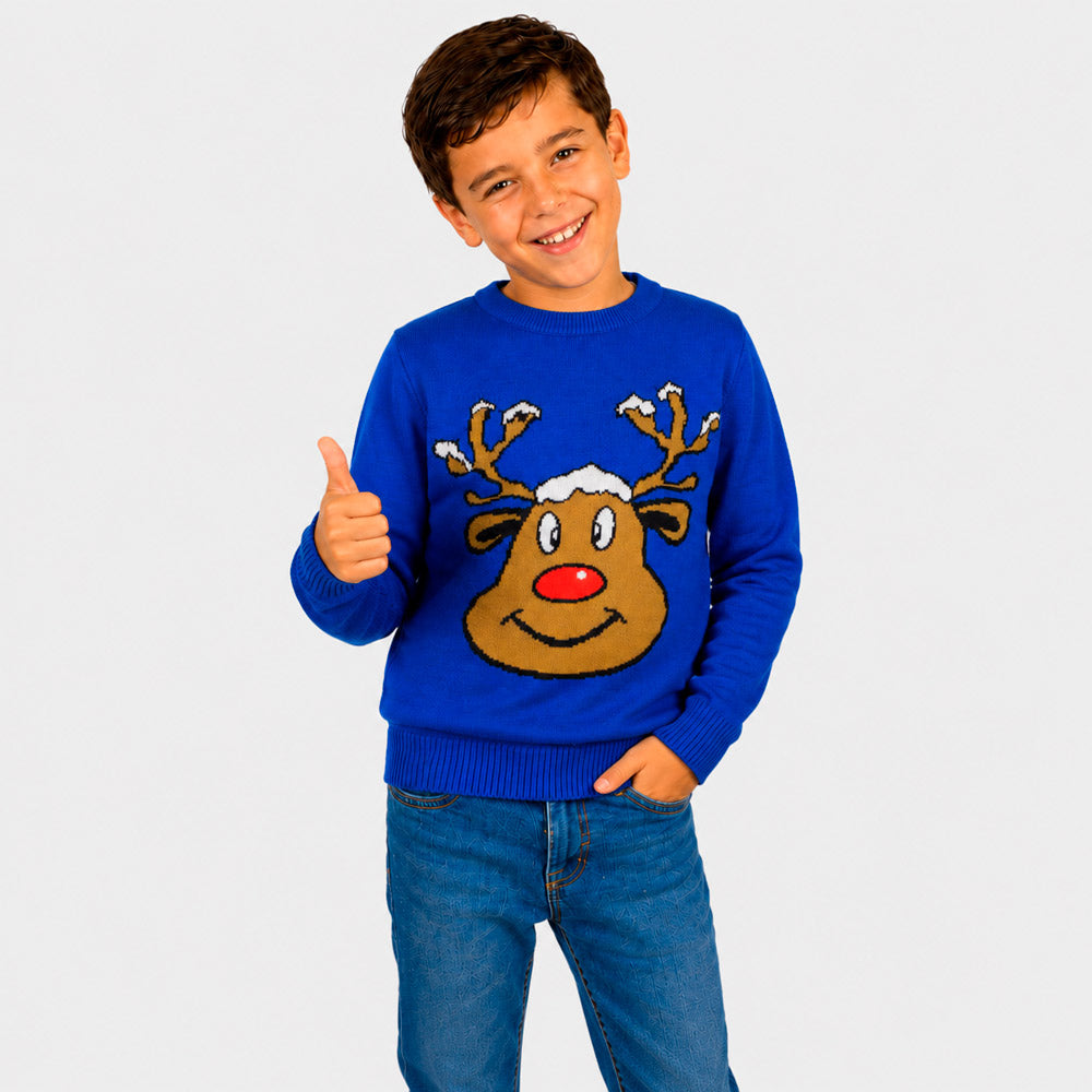 Blue Ugly Christmas Sweater with Smiling Reindeer Boy