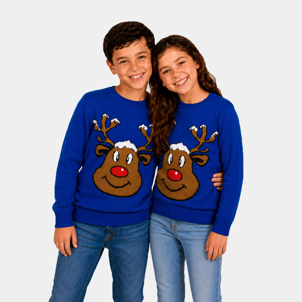 Blue Ugly Christmas Sweater with Smiling Reindeer Children
