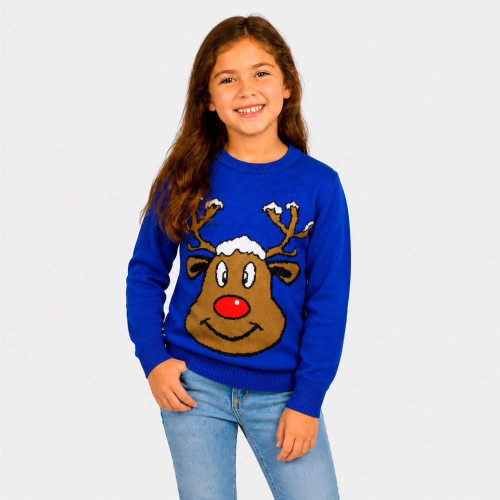 Blue Ugly Christmas Sweater with Smiling Reindeer Girl
