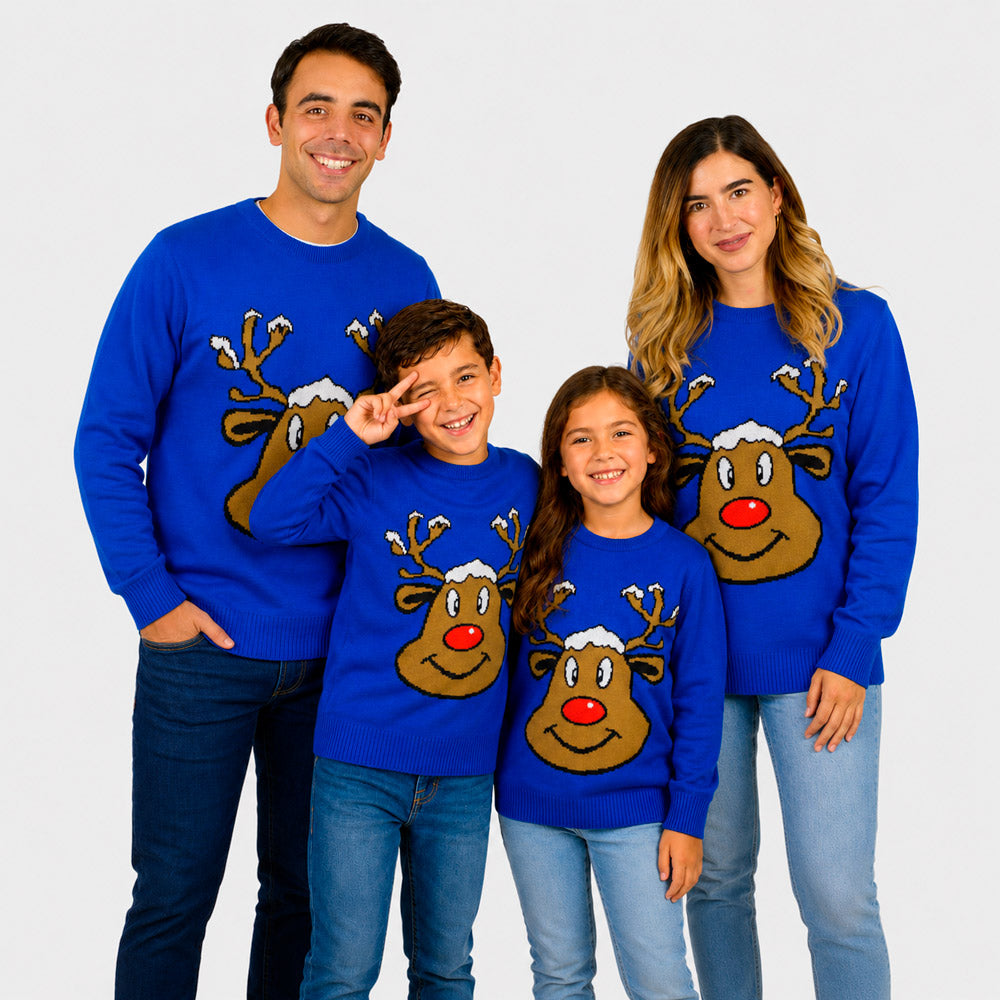 Blue Ugly Christmas Sweater with Smiling Reindeer Family
