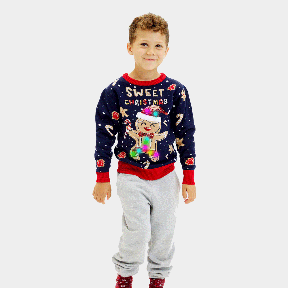 Blue LED light-up Boys Ugly Christmas Sweater Ginger Cookie