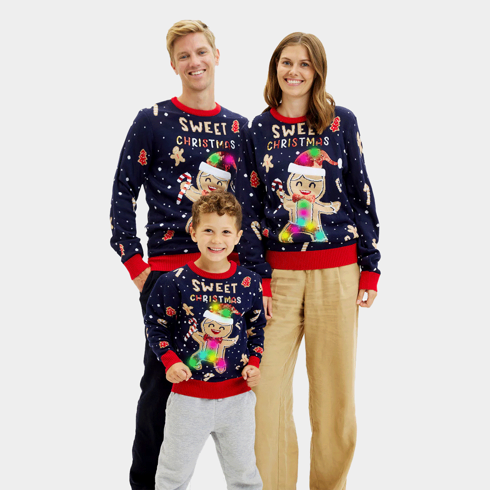 Blue LED light-up Boys Family Girls  Ugly Christmas Sweater Ginger Cookie
