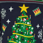 Blue LED light-up Couple's Ugly Christmas Sweater with Christmas Tree detail