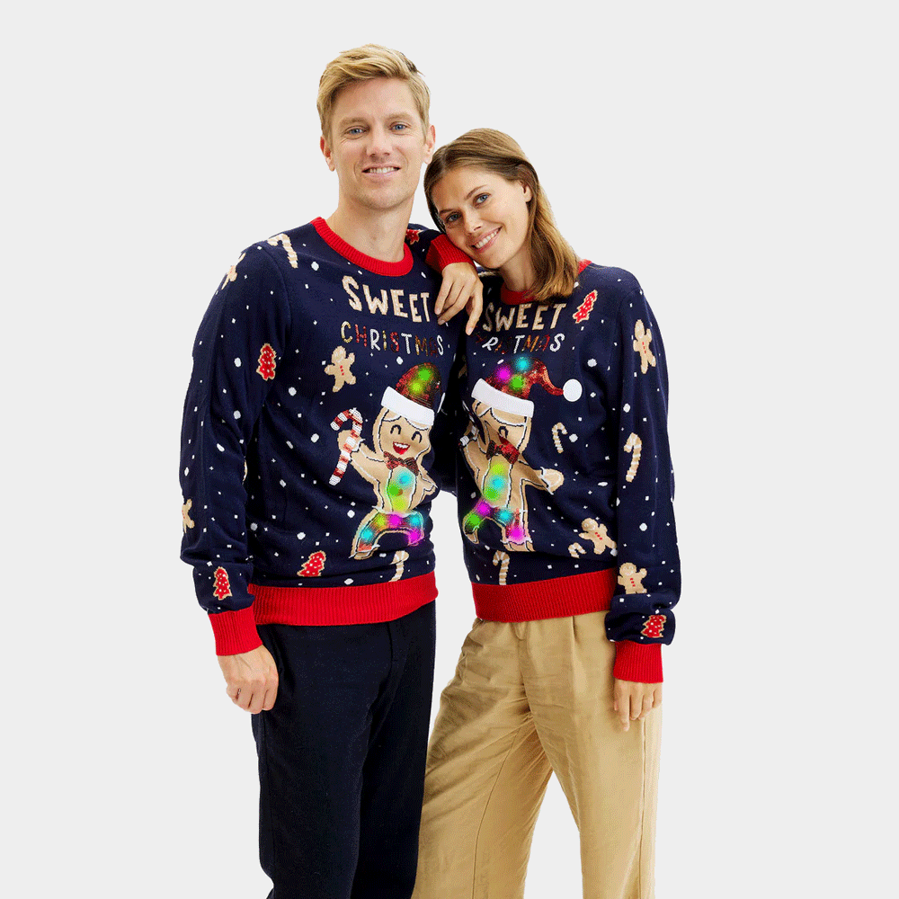 Blue LED light-up Mens Womens Ugly Christmas Sweater Ginger Cookie