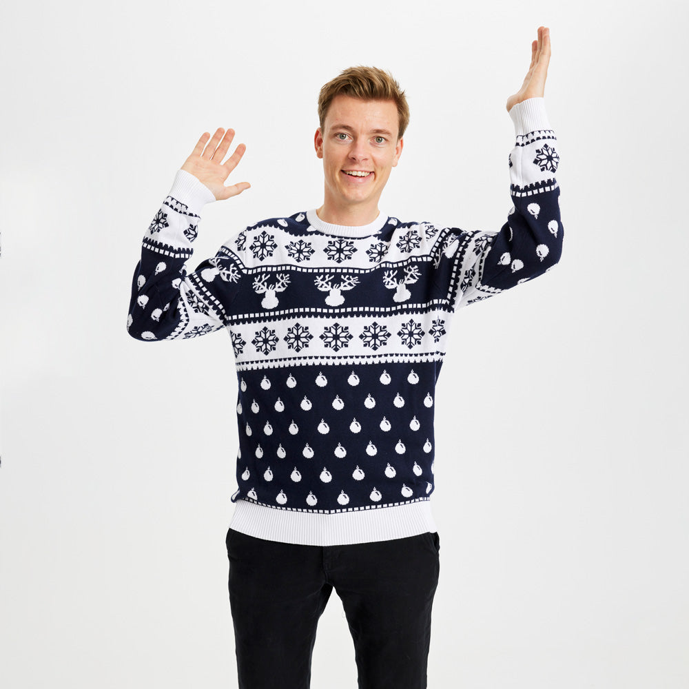 Blue Mens Children Ugly Christmas Sweater with Reindeers and Snow