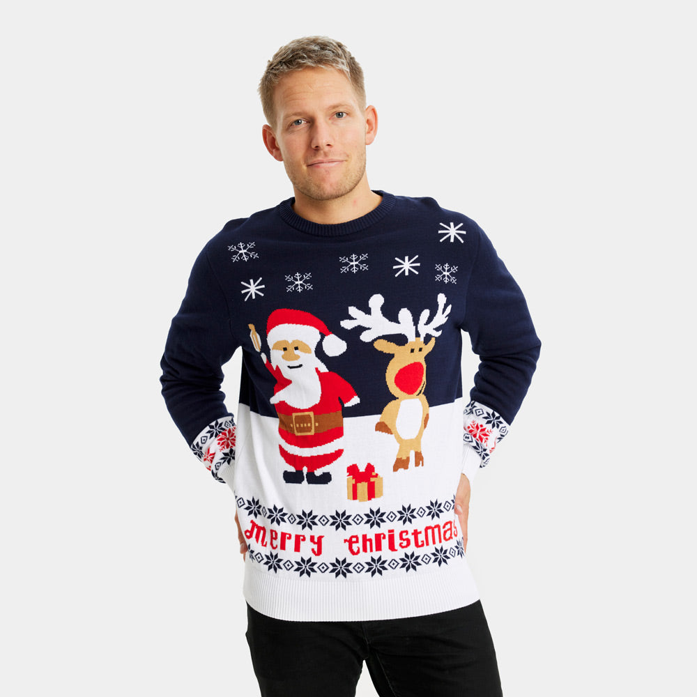 Blue Men's Ugly Christmas Sweater with Santa and Rudolph