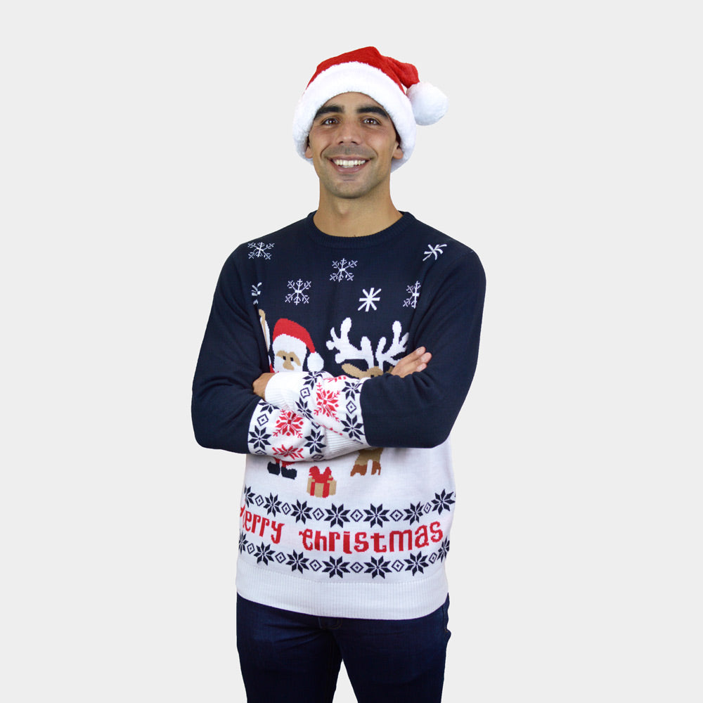 Mens Blue Organic Cotton Ugly Christmas Sweater with Santa and Rudolph