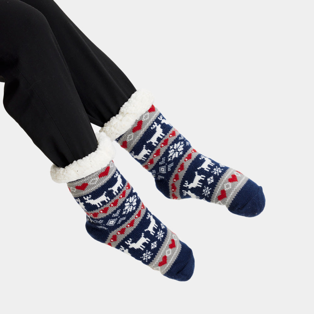 Blue Rubber Sole Ugly Christmas Socks with Reindeers and Hearts women