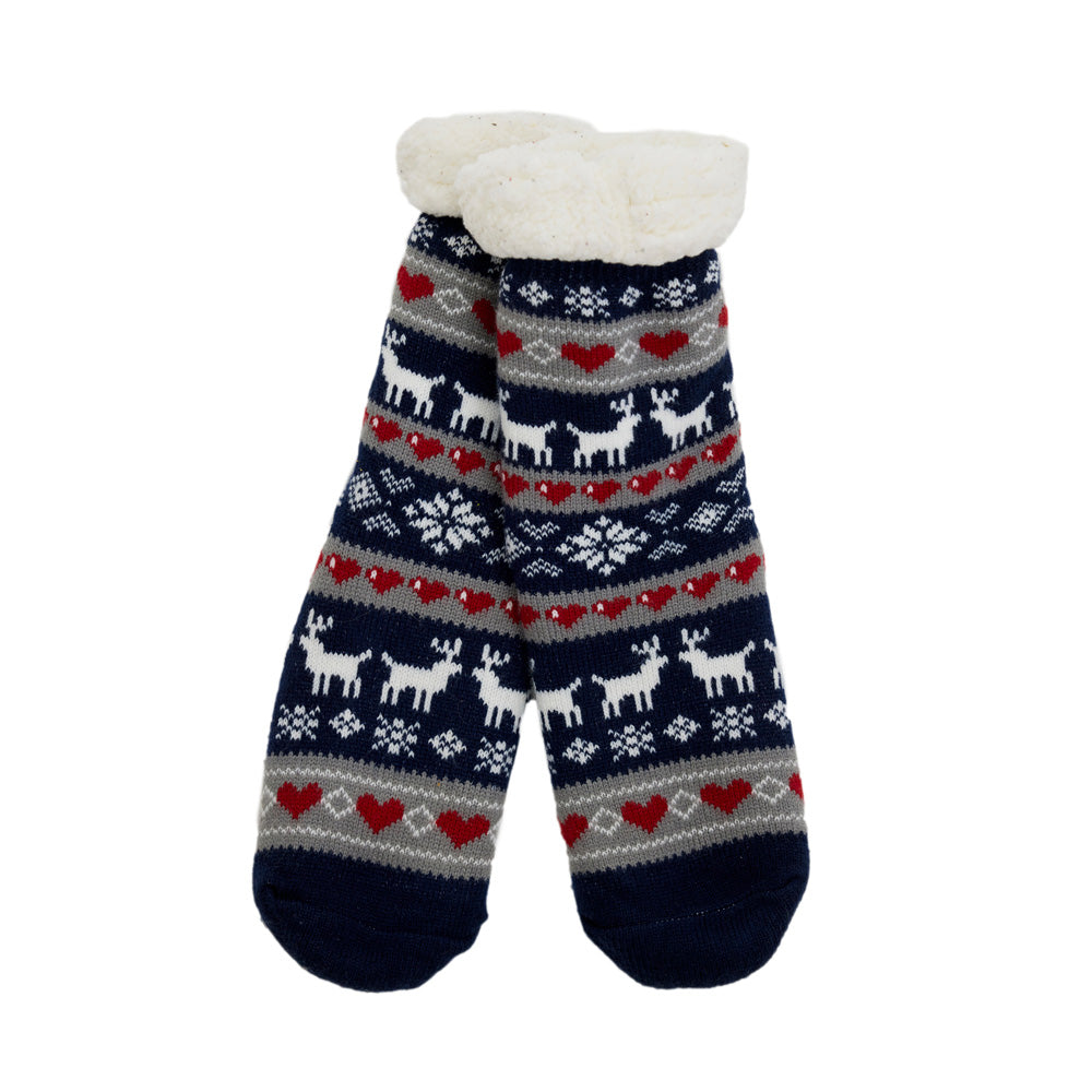 Blue Rubber Sole Ugly Christmas Socks with Reindeers and Hearts