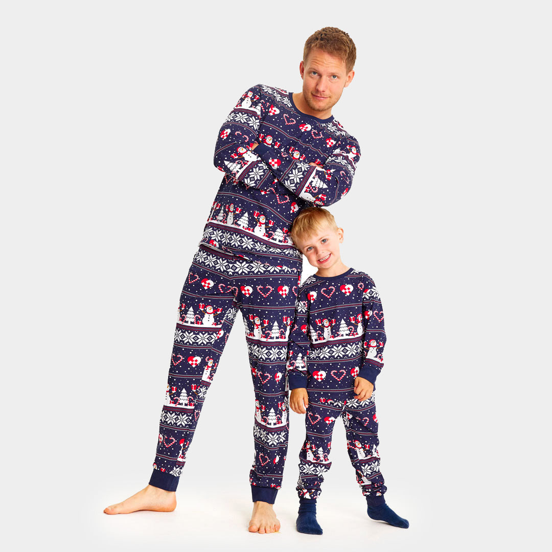 Blue Ugly Christmas Pyjama for Children and Men with Snowmen and Hearts