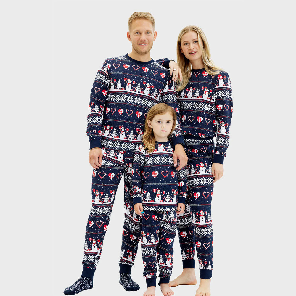 Blue Ugly Christmas Pyjama Family Children with Snowmen and Hearts
