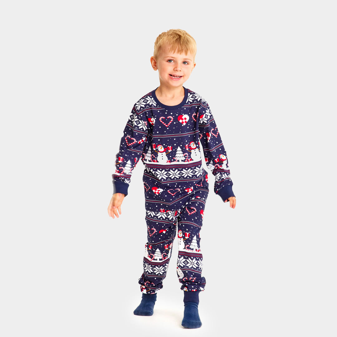 Blue Ugly Christmas Pyjama for Children with Snowmen and Hearts