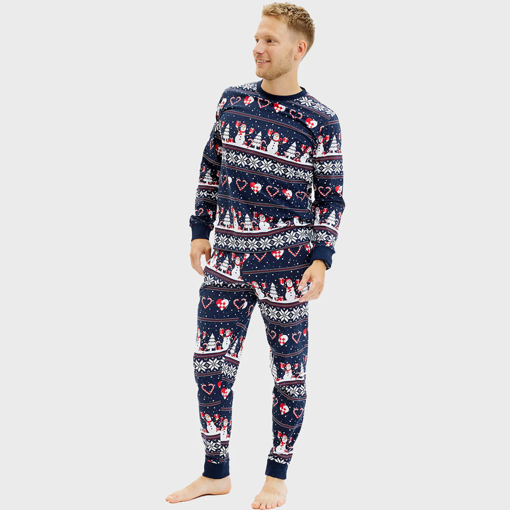 Blue Ugly Christmas Pyjama Mens Snowmen and Hearts