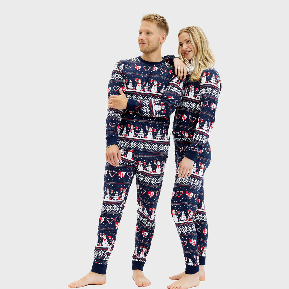 Blue Ugly Christmas Pyjama Womens and Mens Snowmen and Hearts

