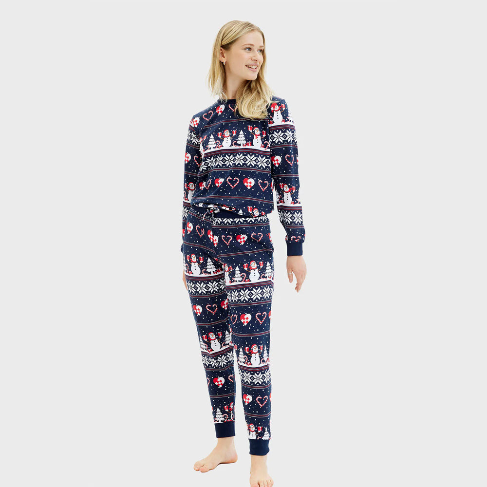 Blue Ugly Christmas Pyjama Womens Snowmen and Hearts