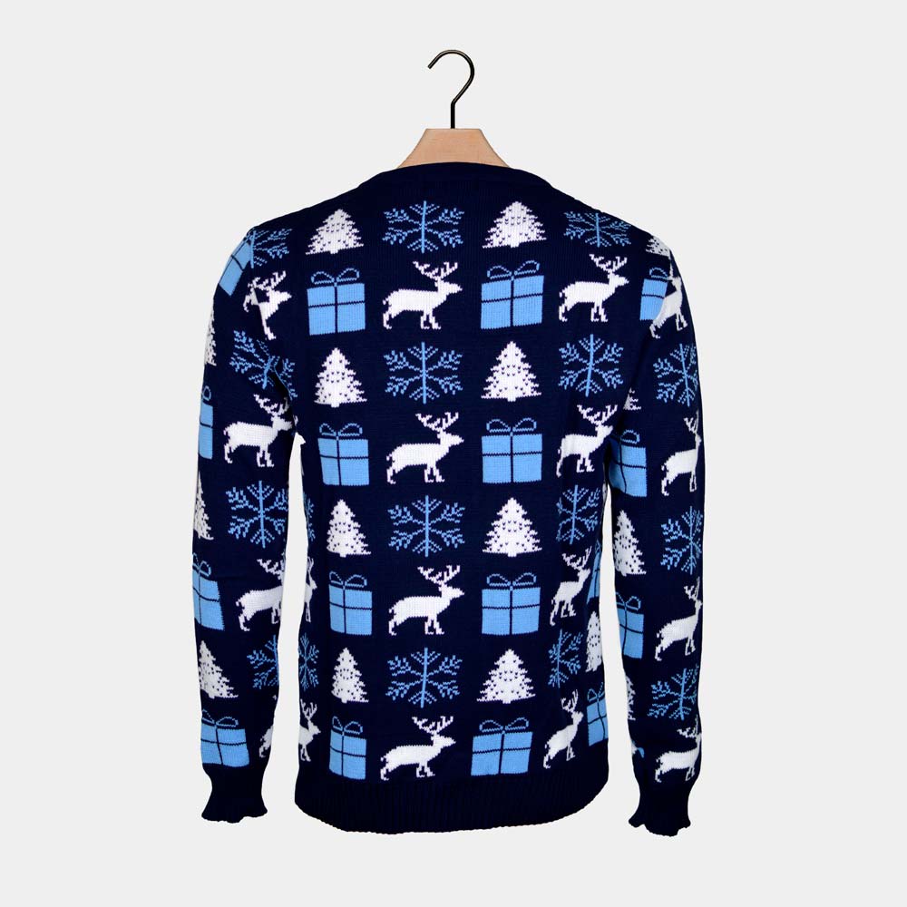 Blue Women's Ugly Christmas Sweater Back Reindeers, Gifts and Trees