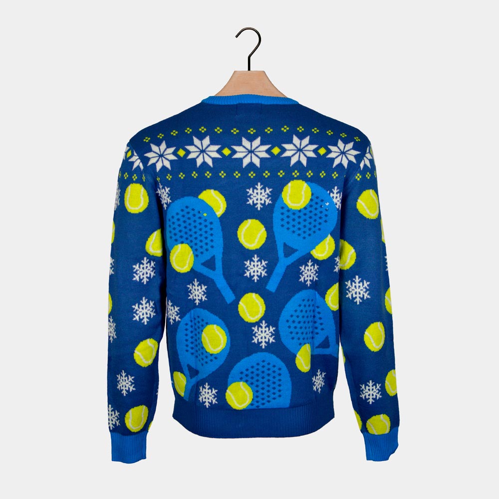 Blue Mens Ugly Christmas Sweater with Santa playing Padel