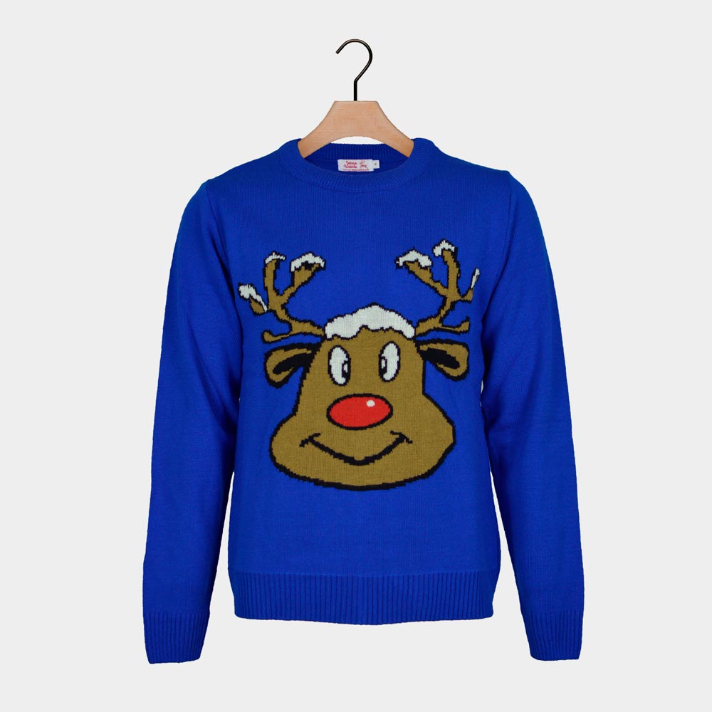 Blue Ugly Christmas Sweater with Smiling Reindeer
