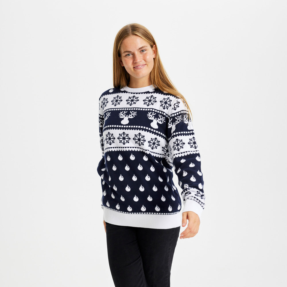 Blue Womens Children Ugly Christmas Sweater with Reindeers and Snow