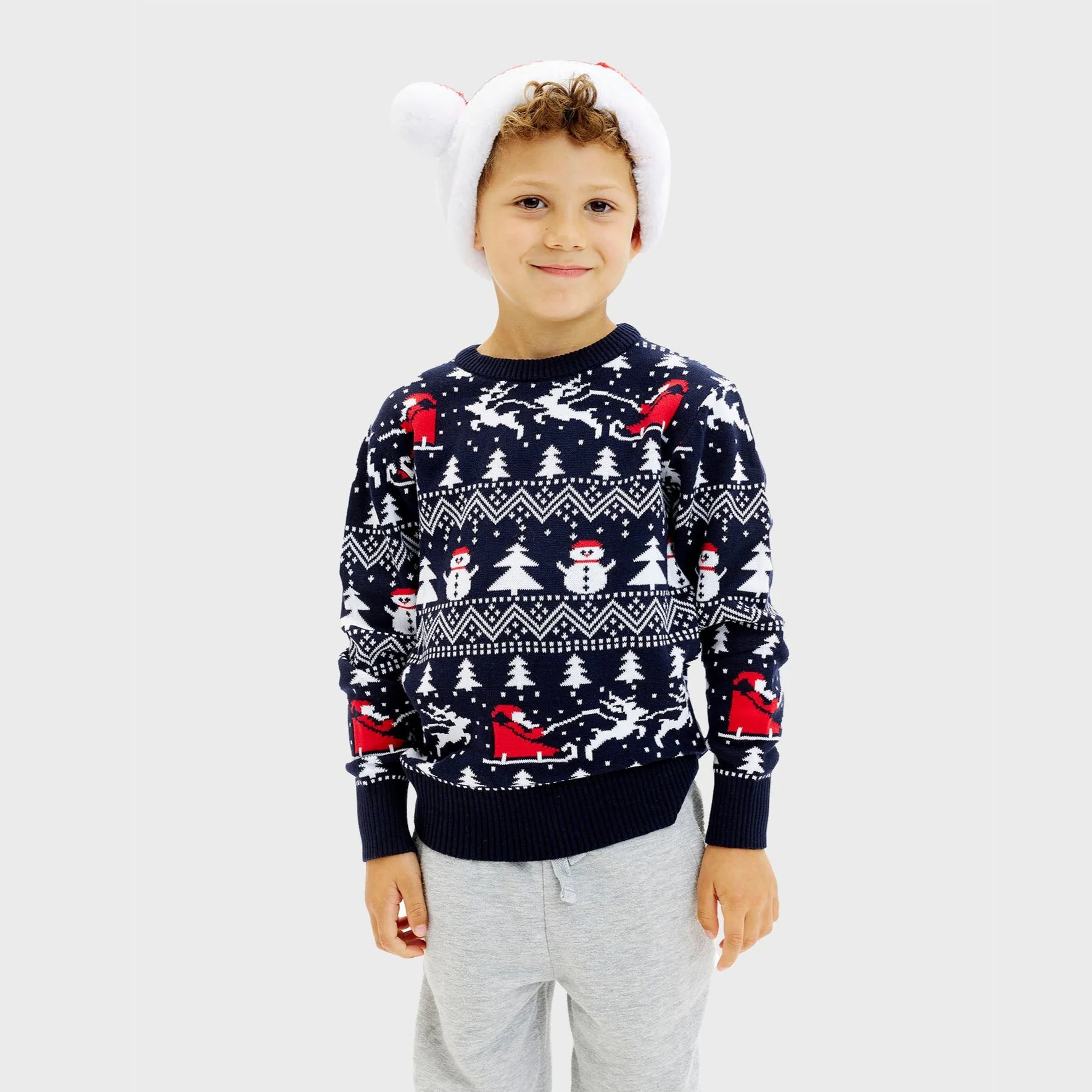 Boys Blue Ugly Christmas Sweater Trees Snowmen Santa