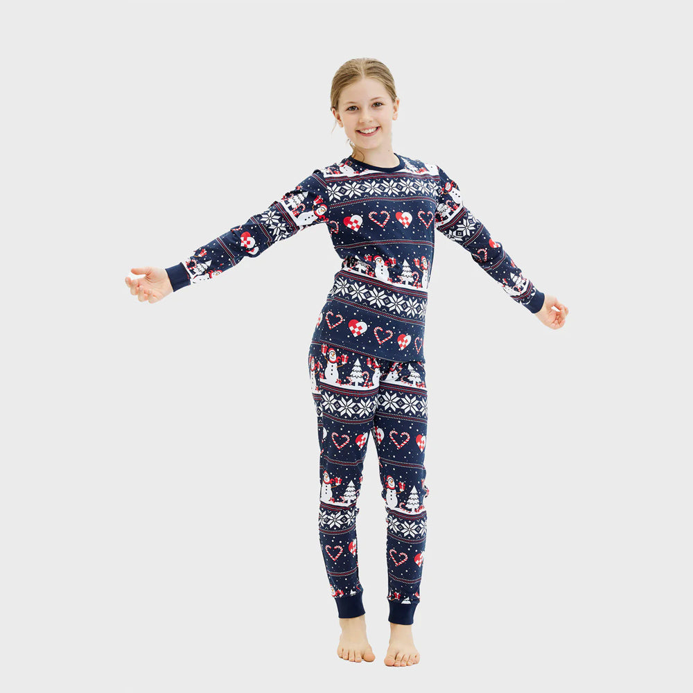 Blue Ugly Christmas Pyjama children  with Snowmen and Hearts