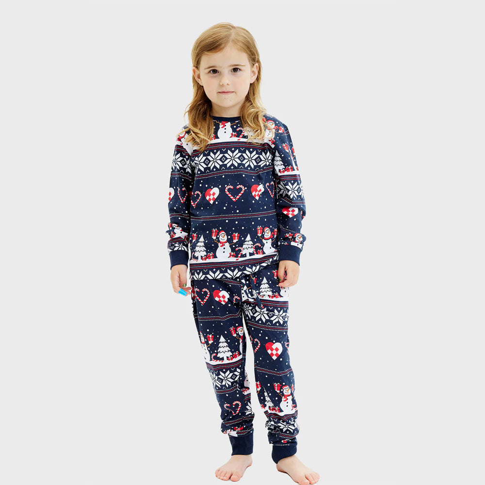 Blue Ugly Christmas Pyjama Children  Snowmen and Hearts