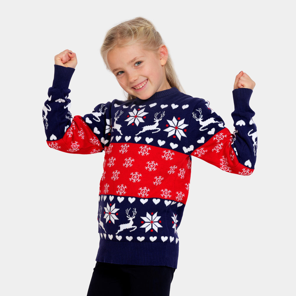 Red Children Blue Family Ugly Christmas Sweater with Reindeers and Hearts