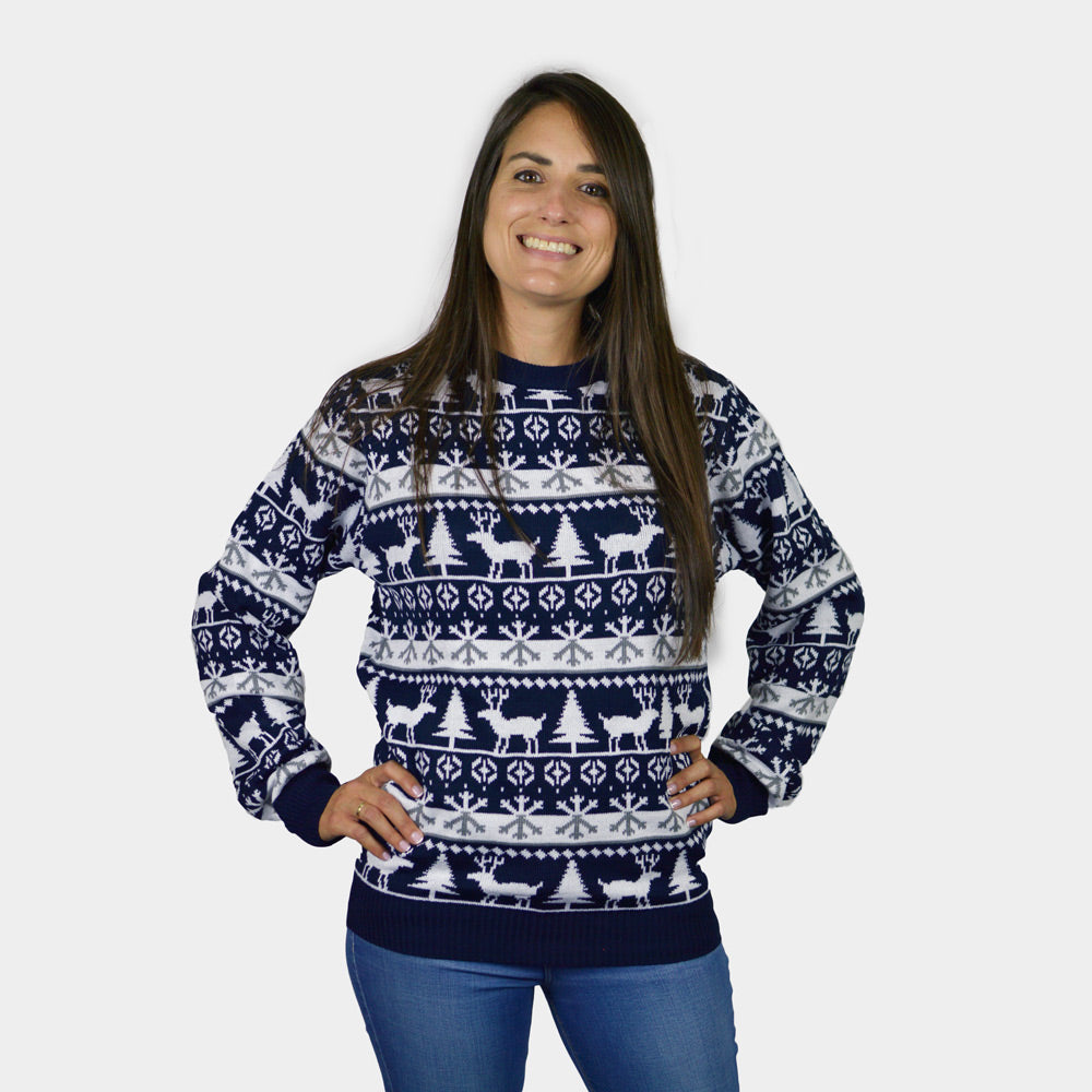 Children Womens Ugly Christmas Sweater with Reindeers and Trees Strips