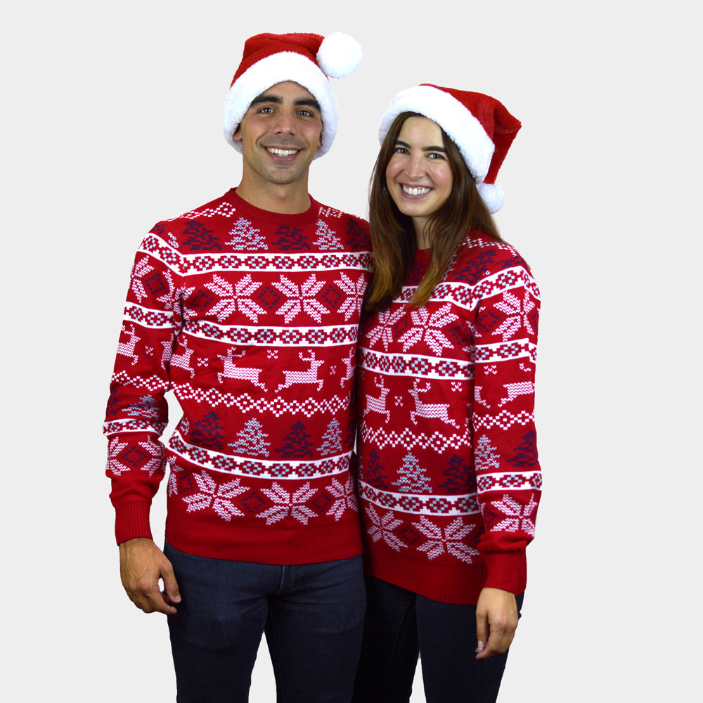 Classic Red Ugly Christmas Sweater with Polar Stars Couple