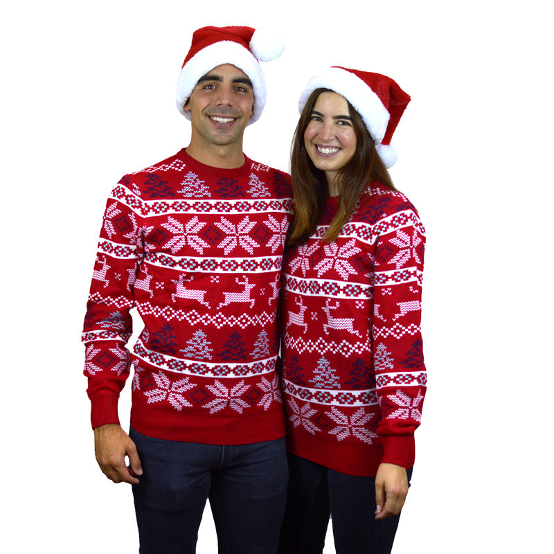 Classic Red Ugly Christmas Sweater with Polar Stars Couple