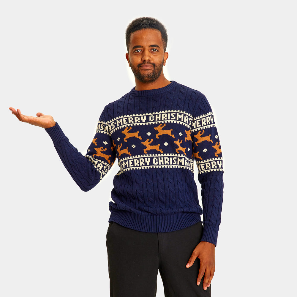 Classy Blue Organic Cotton Men's Ugly Christmas Sweater with Reindeers