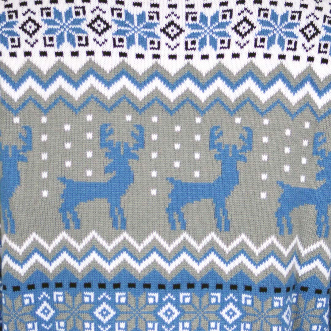 Classy White, Grey and Blue Couple's Ugly Christmas Sweater Detail Reindeers