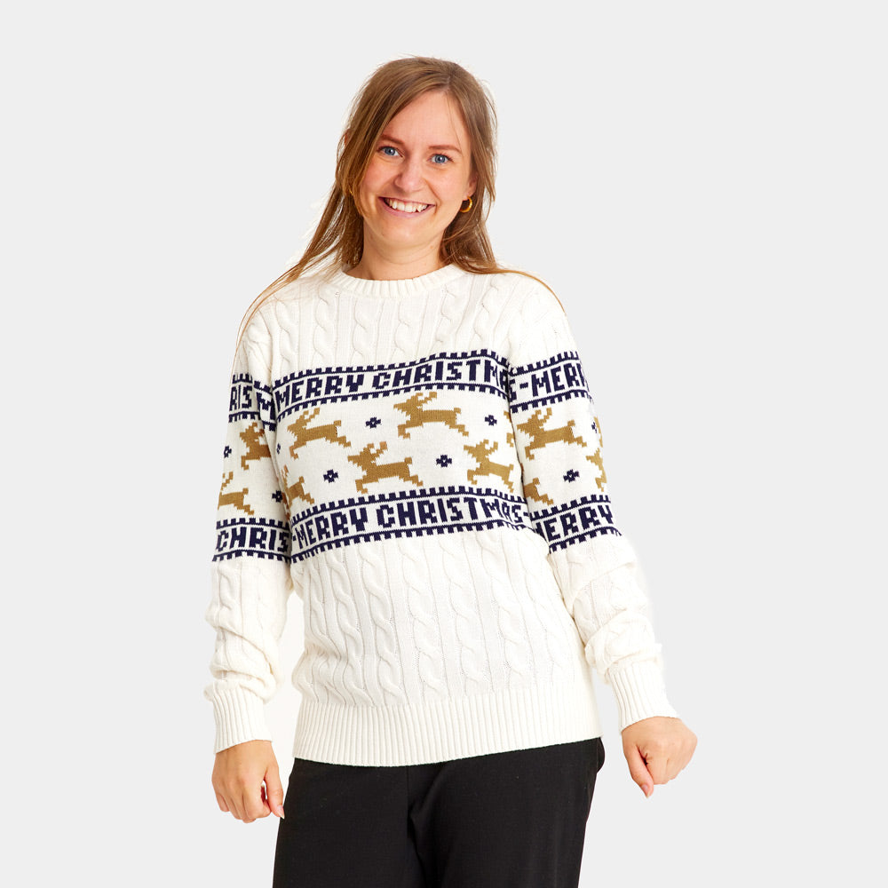 Classy White Organic Cotton Couple's Ugly Christmas Sweater with Reindeers womens