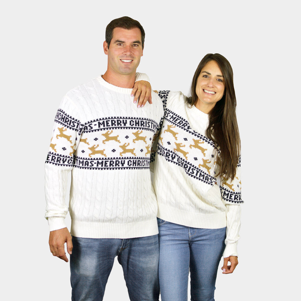 Couples Classy White Organic Cotton Ugly Christmas Sweater with Reindeers