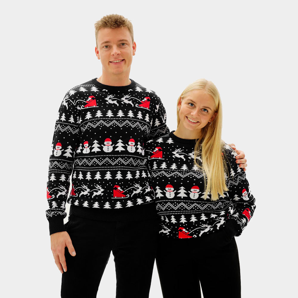 Womens and Mens Black Ugly Christmas Sweater with Trees, Snowmen and Santa